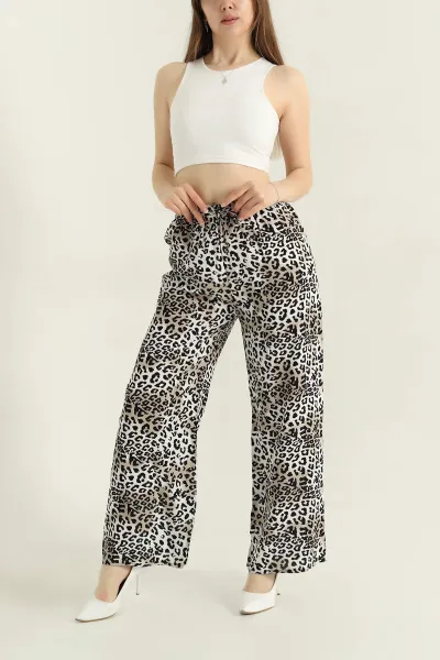 Leopar Desenli Bel Lastikli Dokuma Kadın Pantolon 357147