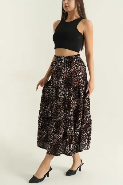 Leopar Desenli Beli Lastikli Dokuma Kadın Etek 371712