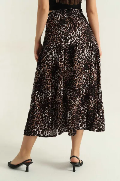 Leopar Desenli Beli Lastikli Dokuma Kadın Etek 371712
