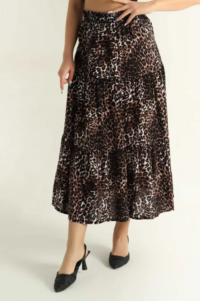 Leopar Desenli Beli Lastikli Dokuma Kadın Etek 371712