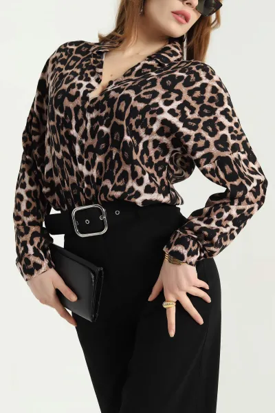 Leopar Desenli Dokuma Viskon Gömlek 337833