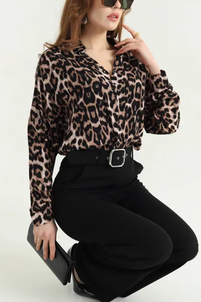 Leopar Desenli Dokuma Viskon Gömlek 337833