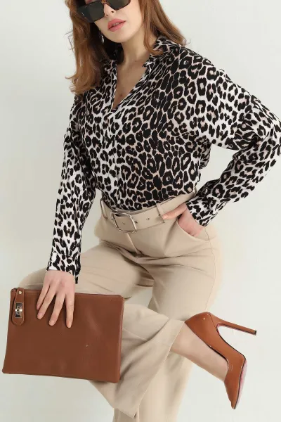 Leopar Desenli Dokuma Viskon Gömlek 337836