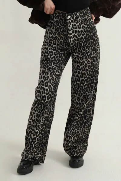 Leopar Desenli Dökümlü Palazzo Kadın Kot Pantolon 412852