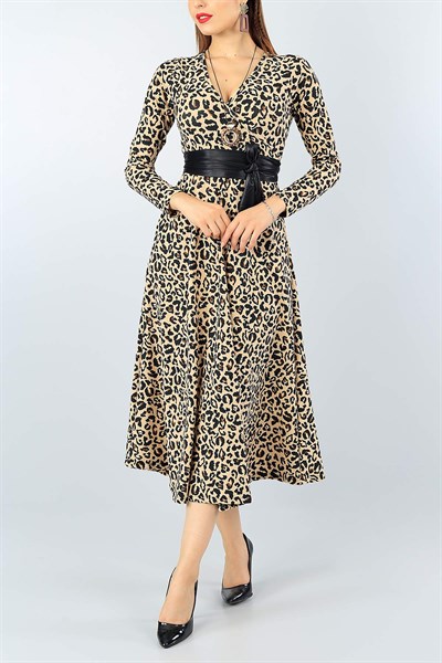 Leopar Desenli Eteği Volanlı Elbise 40082