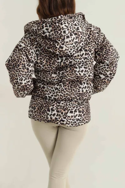 Leopar Desenli Kapüşonlu Şişme Kadın Mont 416951