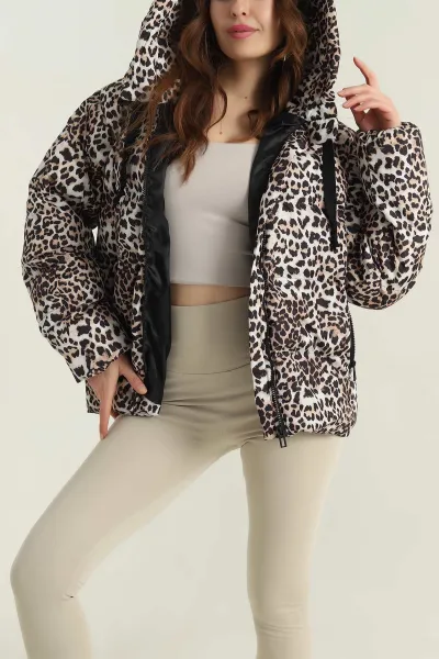 Leopar Desenli Kapüşonlu Şişme Kadın Mont 416951