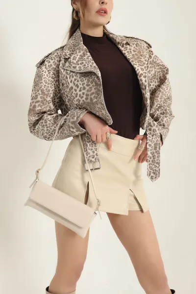 Leopar Desenli Kemerli Bayan Crop Deri Ceket 337739