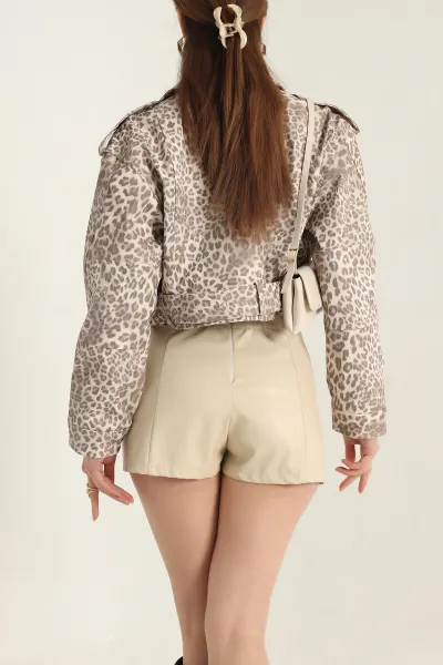 Leopar Desenli Kemerli Bayan Crop Deri Ceket 337739
