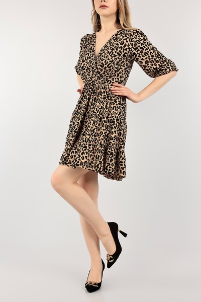 Leopar Desenli Kruvaze Yaka Elbise 108502