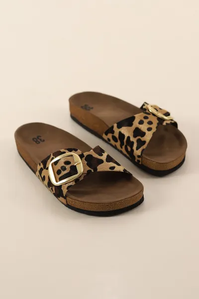 Leopar Desenli Mantar Taban Ayarlanabilir Bantlı Kadın Terlik 351682