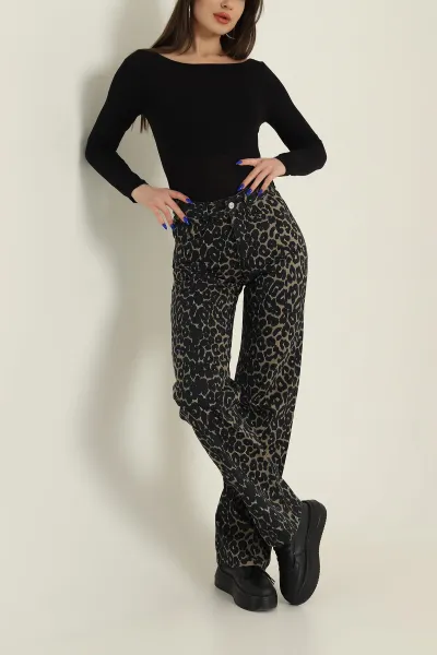 Leopar Desenli Palazzo Kadın Kot Pantolon 423739
