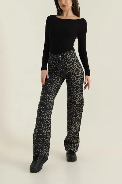 Leopar Desenli Palazzo Kadın Kot Pantolon 423739