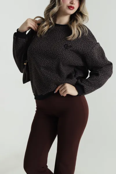 Leopar Desenli Şardonlu Üç İp Kadın Sweat 495051