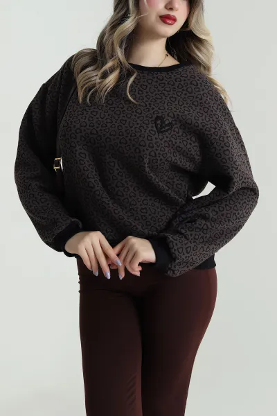 Leopar Desenli Şardonlu Üç İp Kadın Sweat 495051