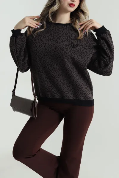 Leopar Desenli Şardonlu Üç İp Kadın Sweat 495051