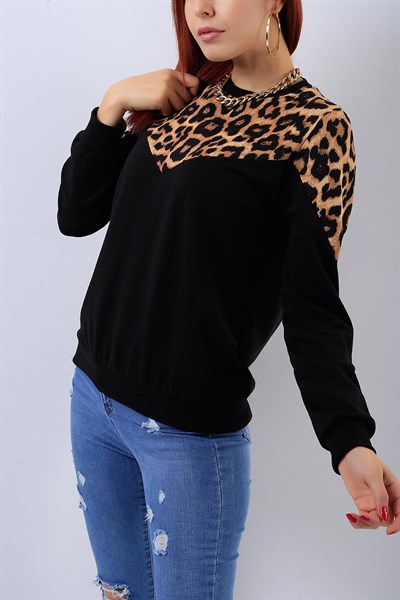Leopar Desenli Siyah Bayan Sweat 18686B