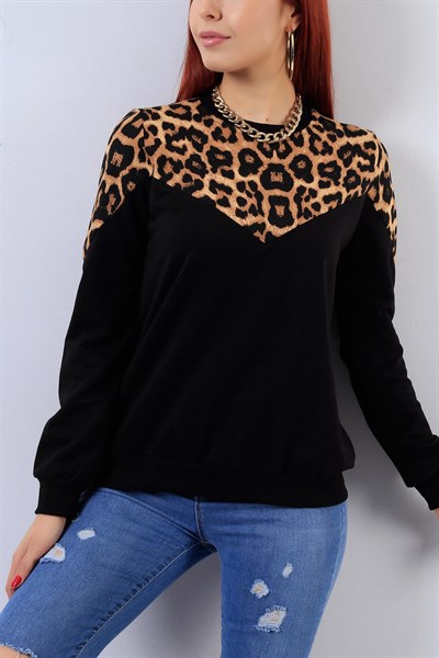 Leopar Desenli Siyah Bayan Sweat 18686B