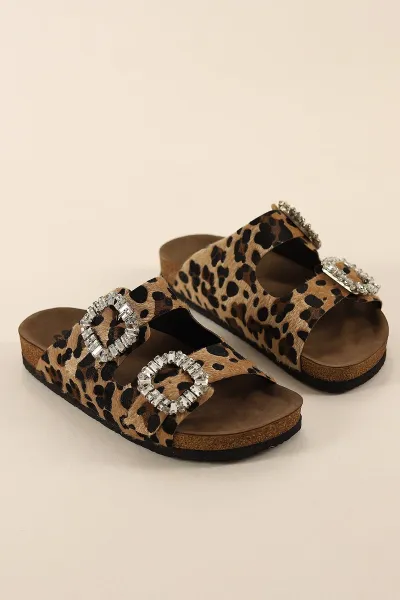 Leopar Desenli Taş Tokalı Mantar Taban Terlik 440989