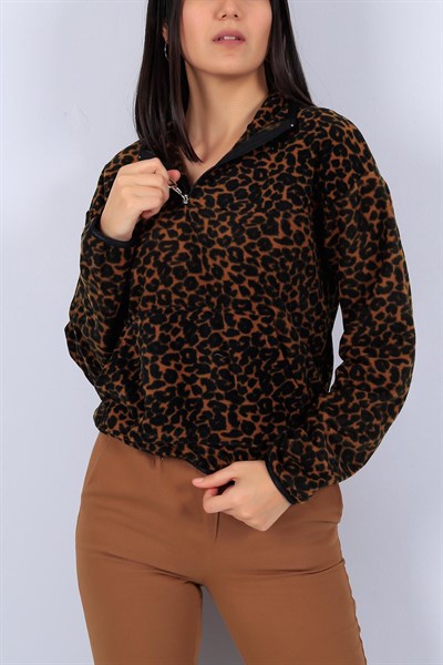 Leopar Desenli Yarım Fermuar Siyah Sweat 20873B