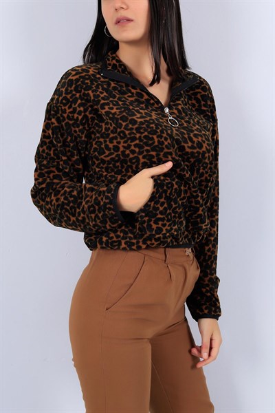 Leopar Desenli Yarım Fermuar Siyah Sweat 20873B