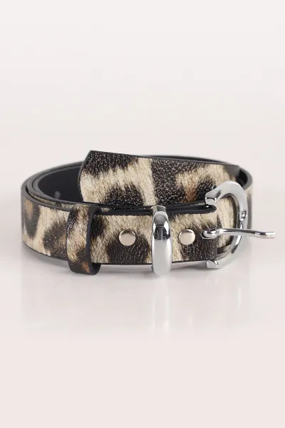Leopar Gümüş Oval Toka Detaylı Kadın İnce Kemer 335465