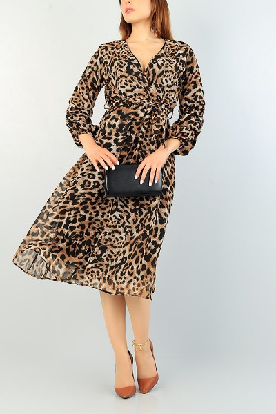 Leopar Kolu Büzgülü Şifon Elbise 69079