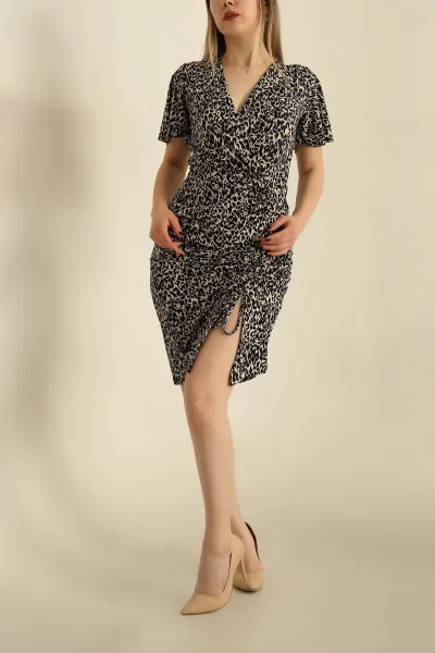 Leopar Kruvaze Yaka Büzgülü Helen Elbise 266821