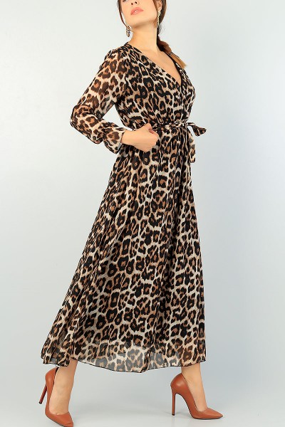 Leopar Kruvaze Yaka Şifon Elbise 72844