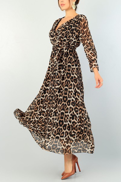 Leopar Kruvaze Yaka Şifon Elbise 72844