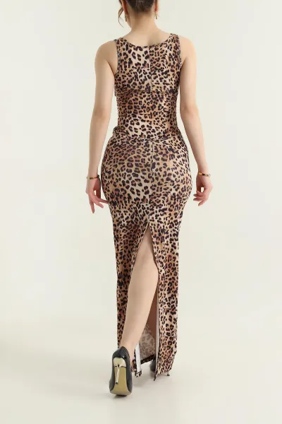 Leopar Kuşgözü Bağcıklı Balenli Sandy Kadın Elbise 435394