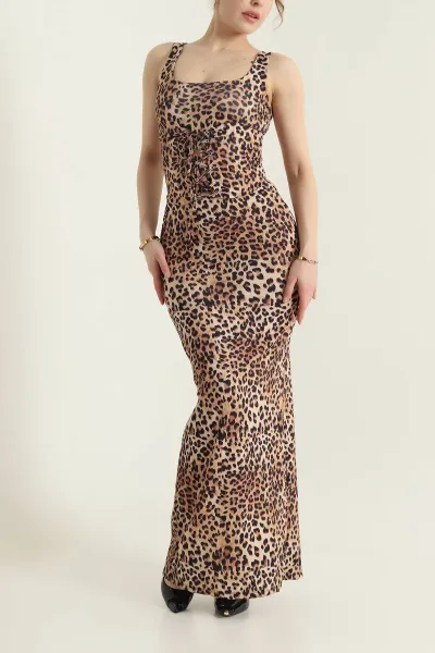 Leopar Kuşgözü Bağcıklı Balenli Sandy Kadın Elbise 435394