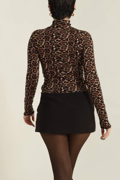 Leopar Likralı Viskon Dik Yaka Kadın Bluz 423772