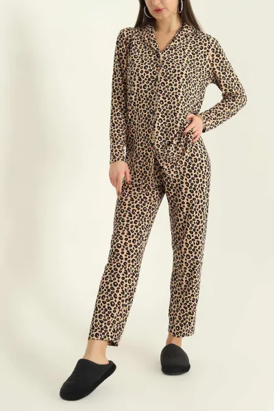 Leopar Milan Düğmeli Bayan Pijama Takımı 329617