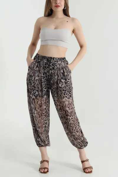 Leopar Pileli Cepli Şifon Kadın Pantolon 471154