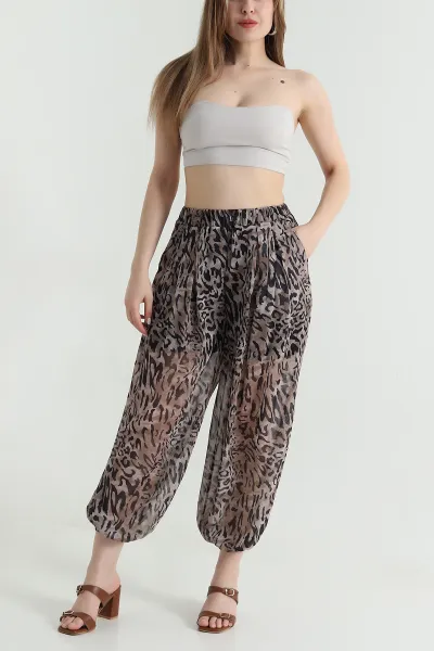 Leopar Pileli Cepli Şifon Kadın Pantolon 471154