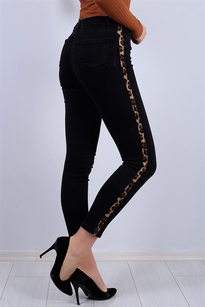 Leopar Şeritli Siyah Bayan Kot Pantolon  11656B