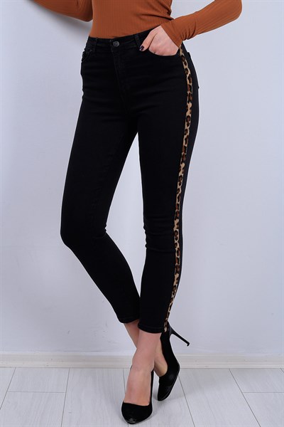 Leopar Şeritli Siyah Bayan Kot Pantolon  11656B