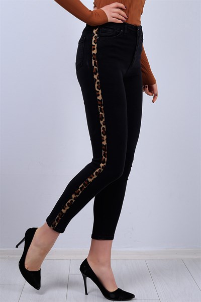 Leopar Şeritli Siyah Bayan Kot Pantolon  11656B