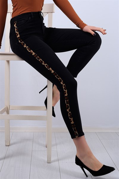 Leopar Şeritli Siyah Bayan Kot Pantolon  11656B