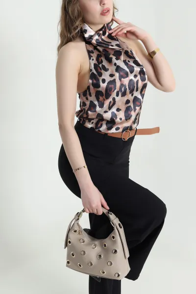 Leopar Sırt Dekolteli Saten Kadın Bluz 441139