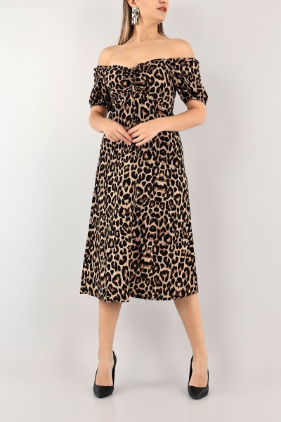Leopar Sırtı Gipeli Keten Elbise 115638