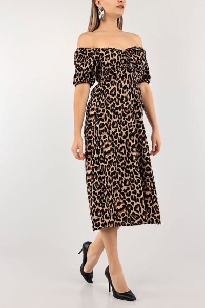 Leopar Sırtı Gipeli Keten Elbise 115638