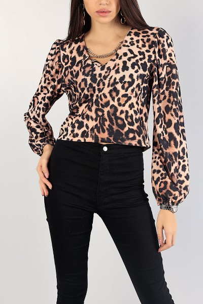 Leopar Yakası Zincirli Tasarım Bluz 83624