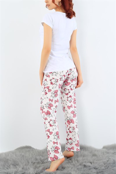 Likralı Baskılı Beyaz Bayan Pijama Takımı 31015