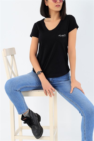 Likralı Baskılı Siyah Bayan Tişört 27209B