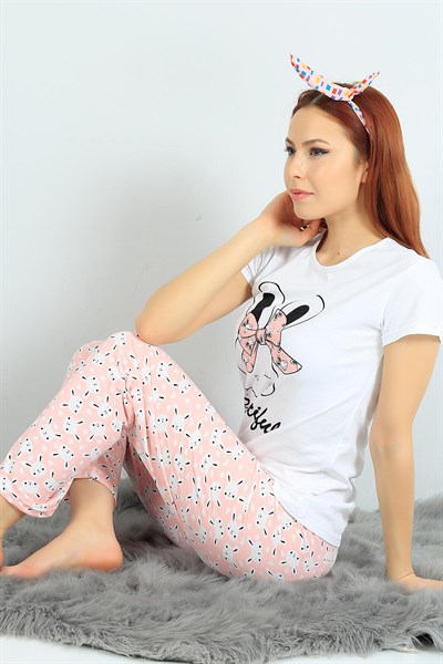 Likralı Beyaz Bayan Pijama Takımı 24306B