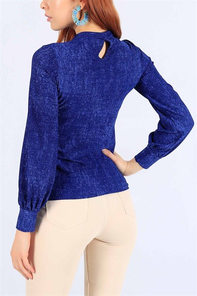 Likralı Damlalı Mavi Bluz 25050B