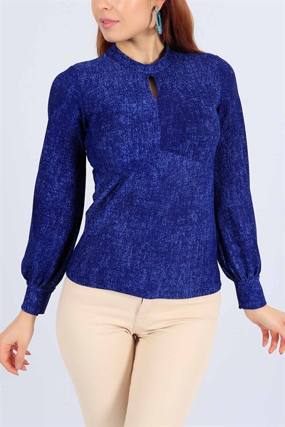 Likralı Damlalı Mavi Bluz 25050B