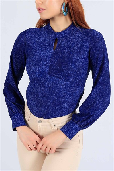 Likralı Damlalı Mavi Bluz 25050B